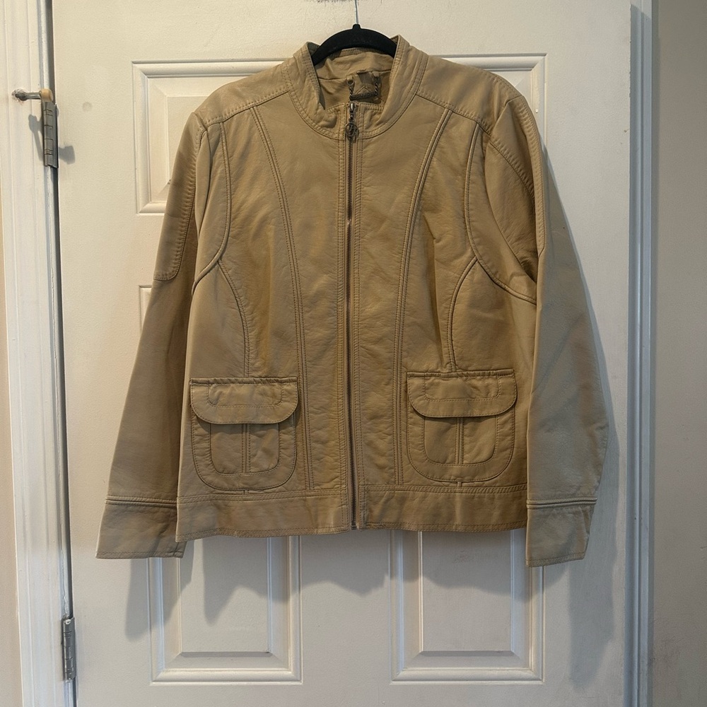 Jou Jou Beige Faux Leather Jacket with Flap Pockets